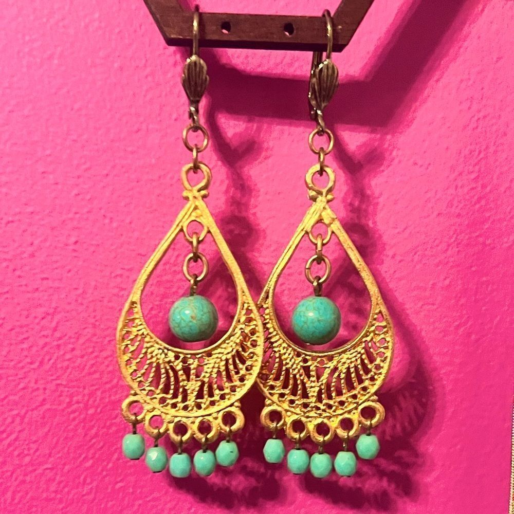 Gold Tone Turquoise Dangle Earring